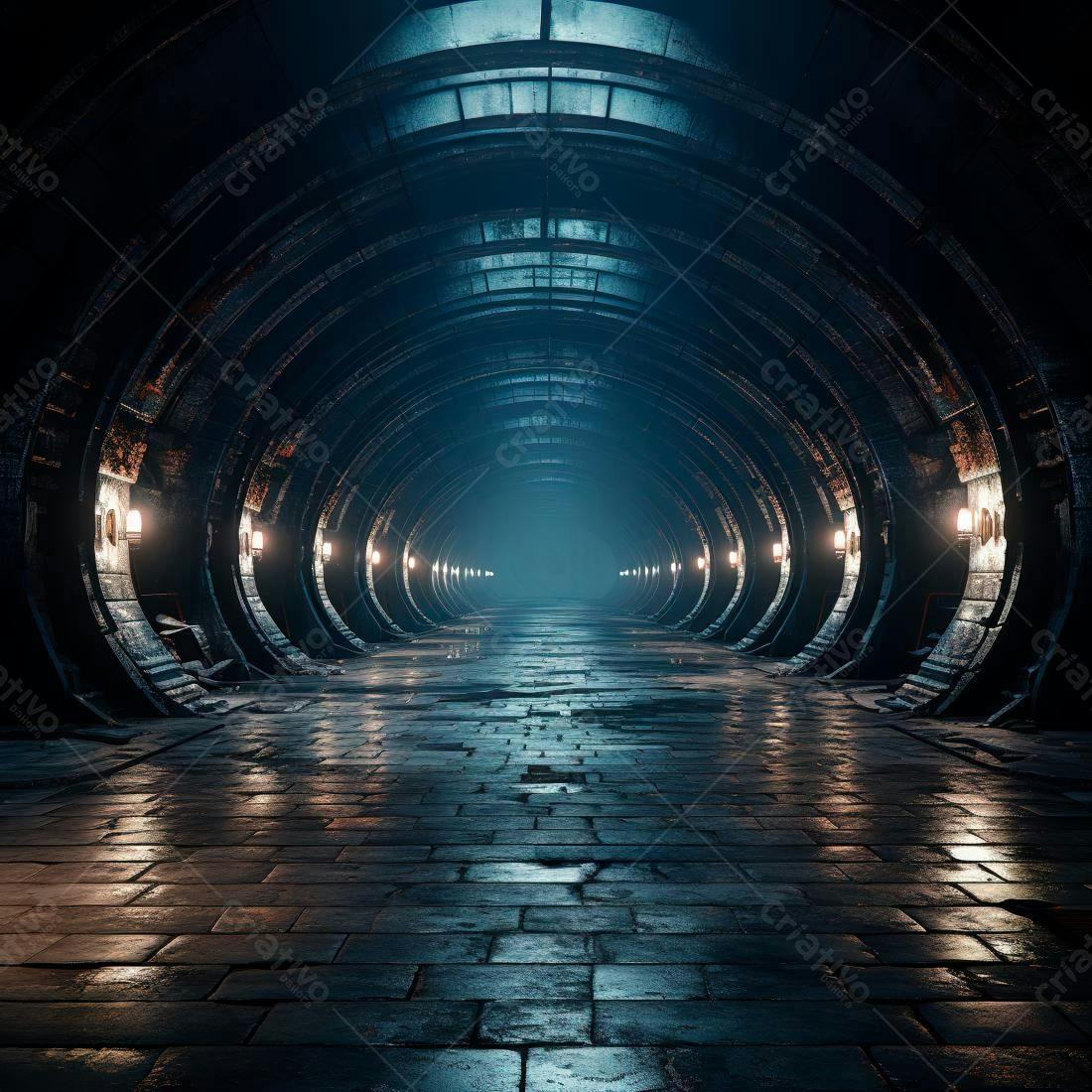 Túnel futurista escuro com iluminação azul