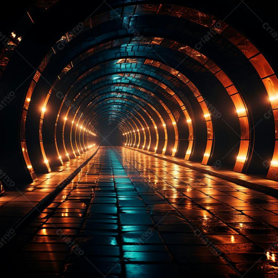 Túnel futurista iluminado com luzes laranja e azul