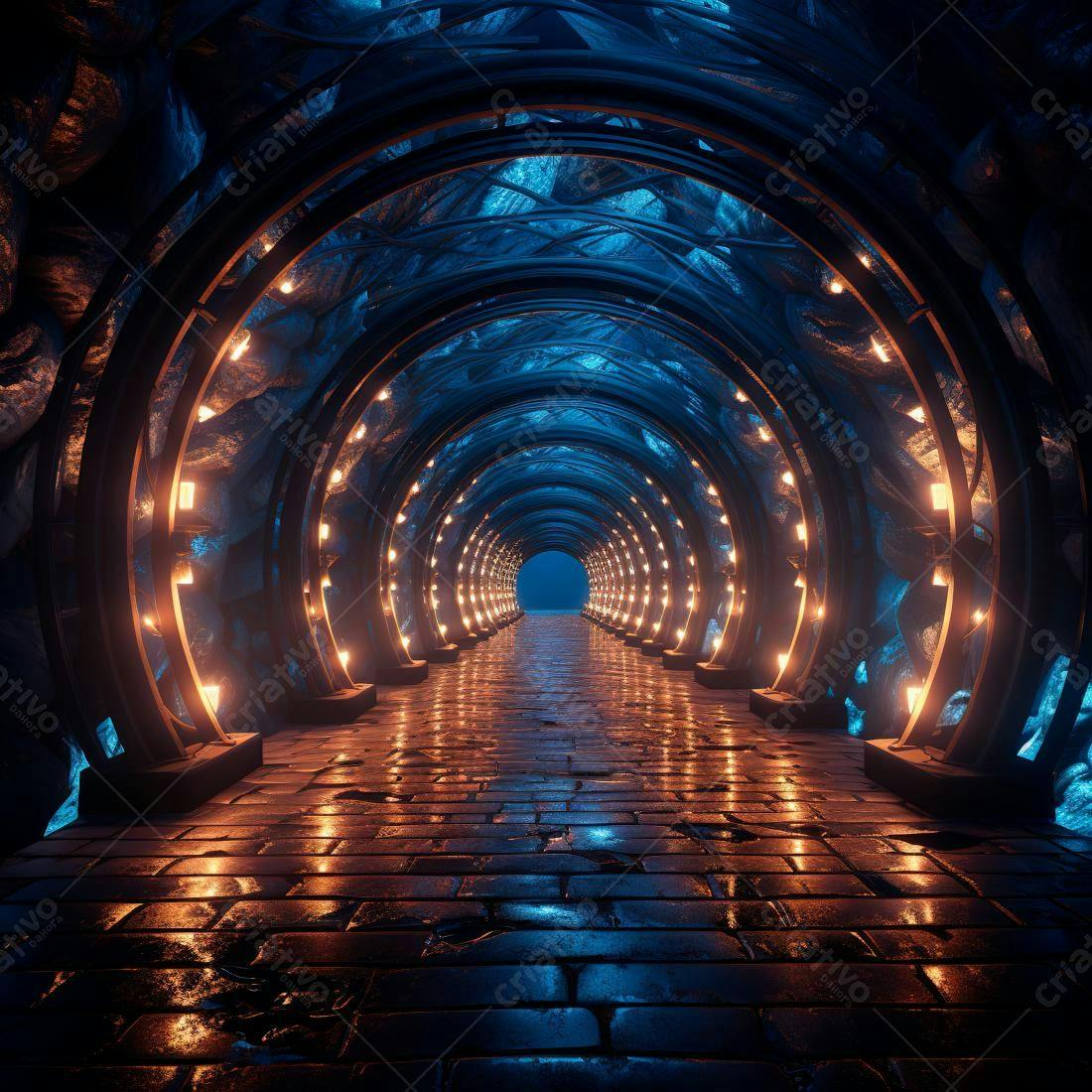 Túnel futurista com iluminação azul e laranja