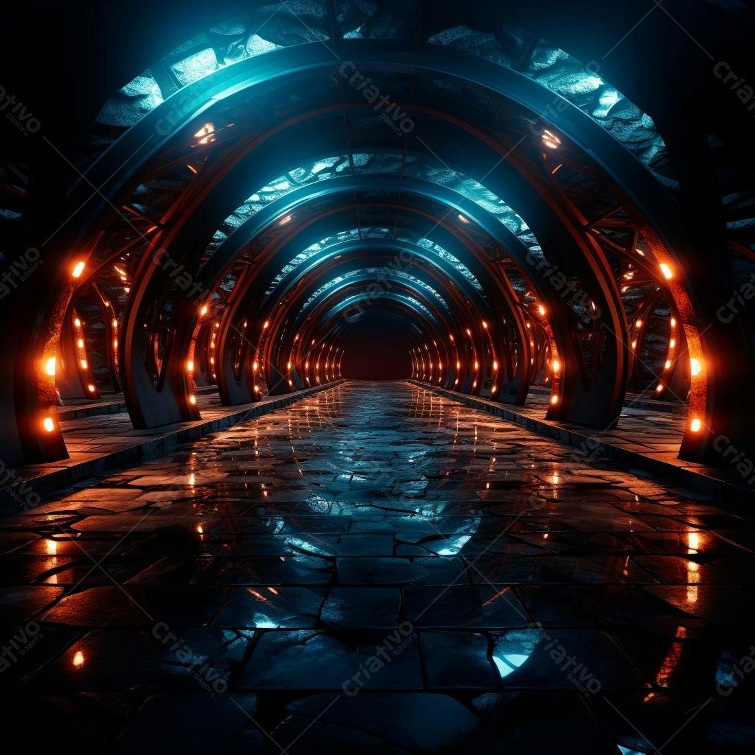 Túnel futurista com iluminação azul e laranja