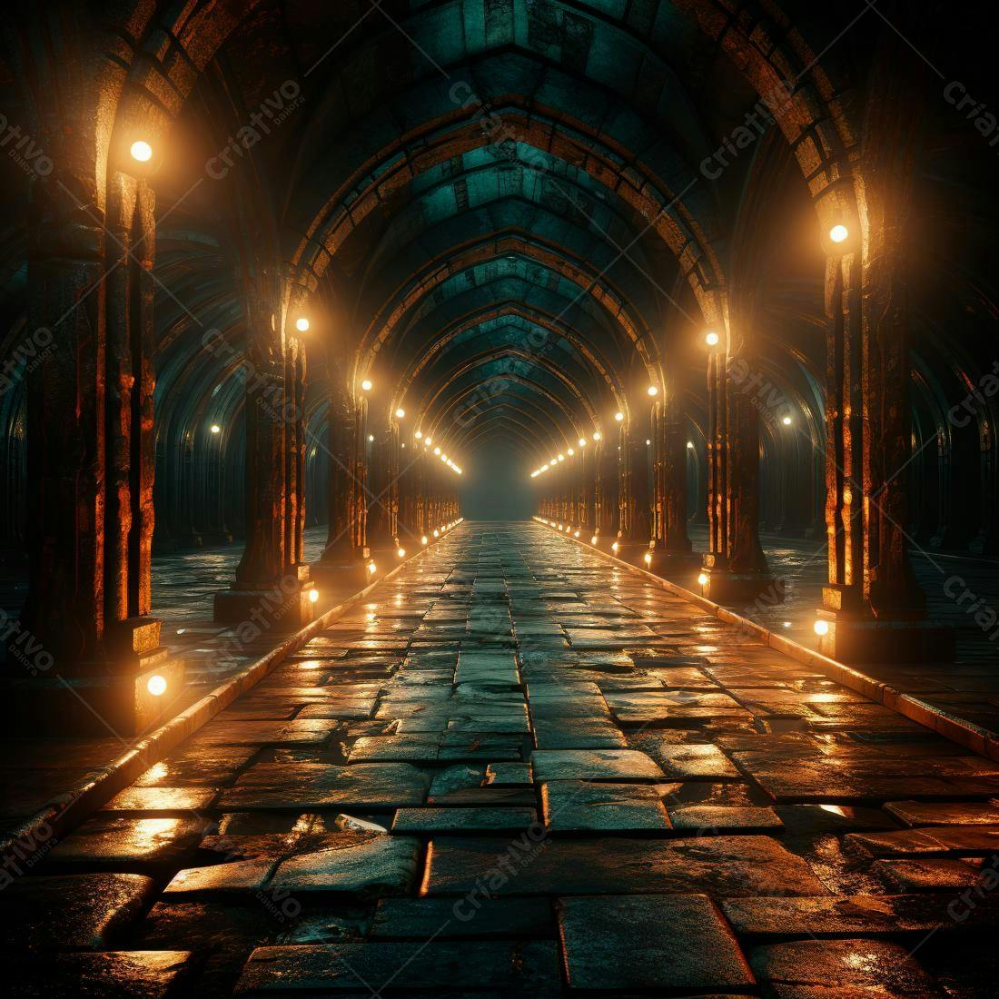 Caminho iluminado em corredor gótico