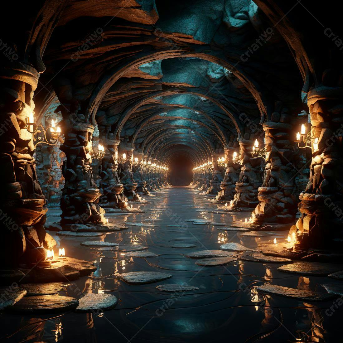 Túnel subterrâneo com pilares de pedra e velas