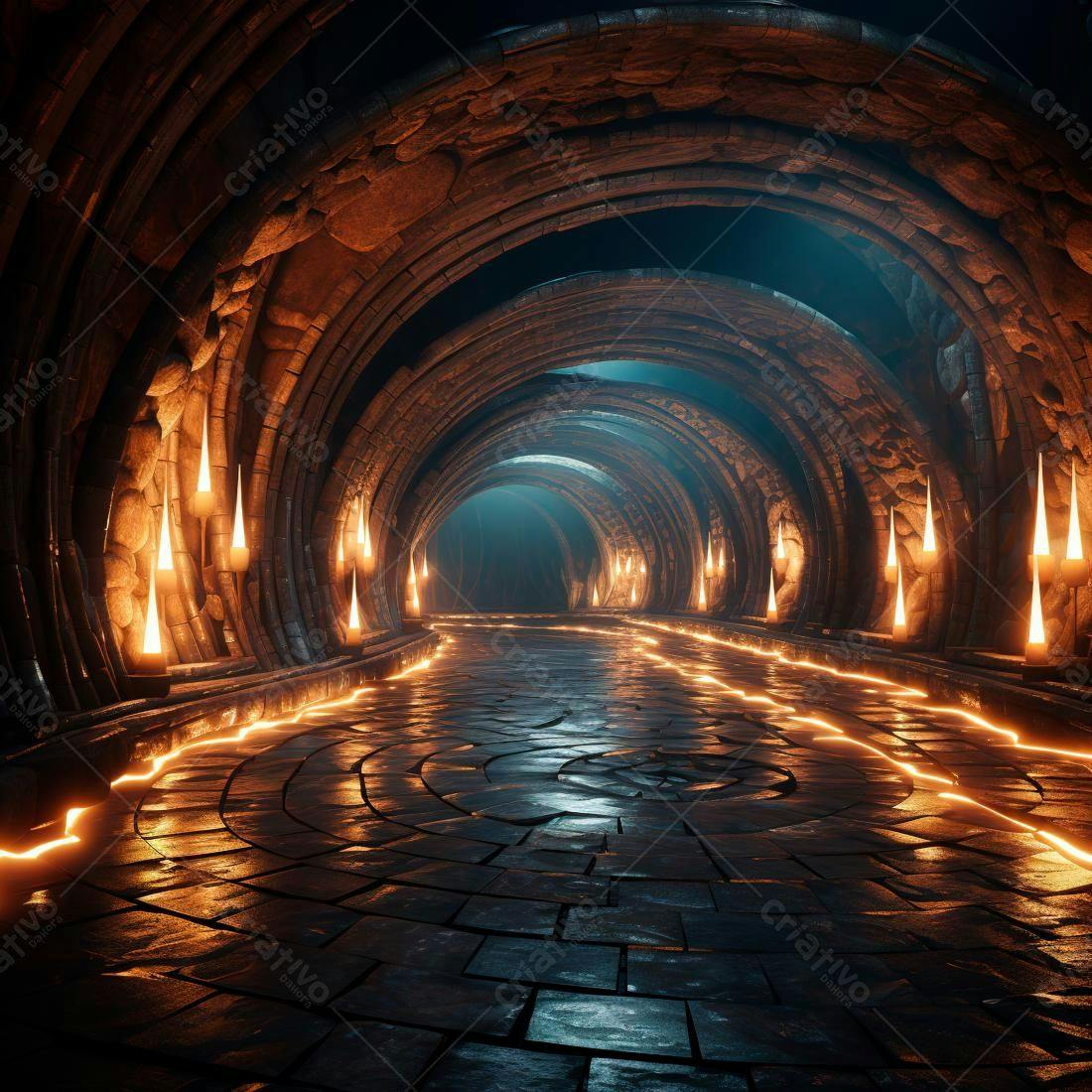 Túnel medieval iluminado com velas