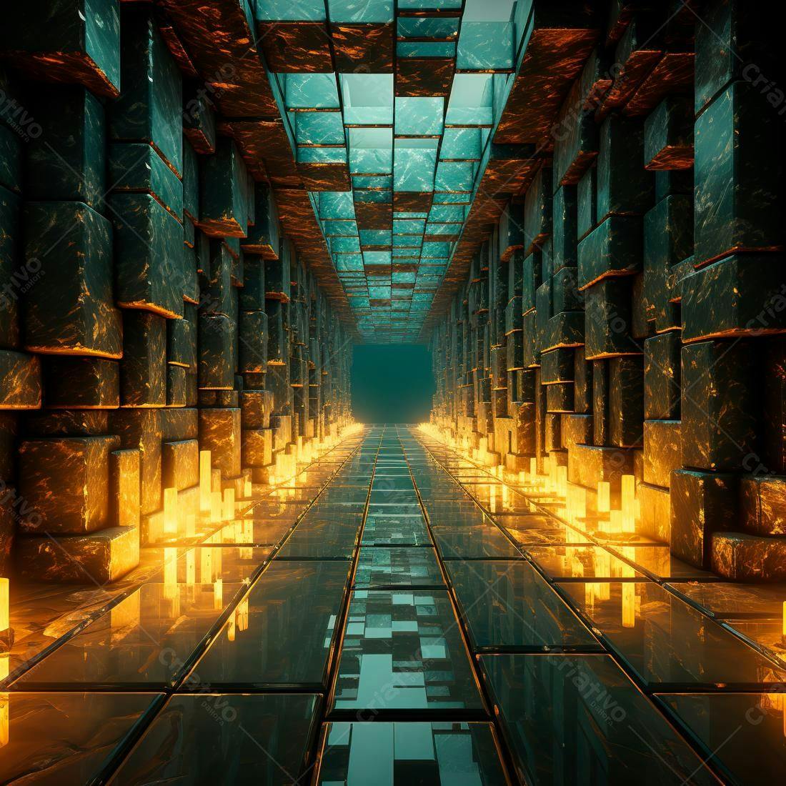 Túnel futurista com iluminação dourada e verde