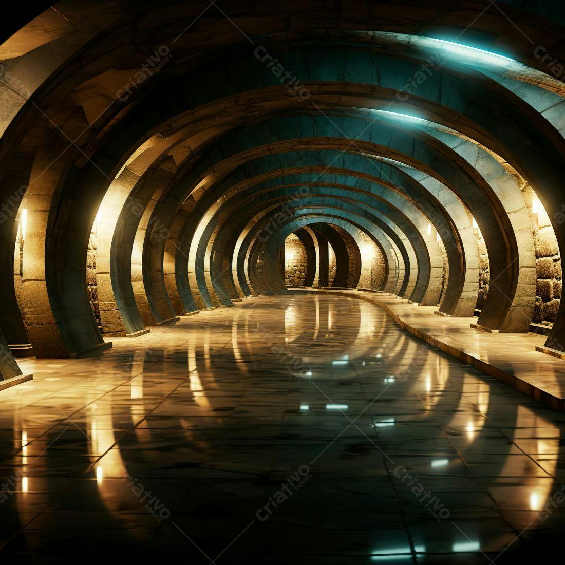 Corredor arqueado iluminado em tons dourados e azuis