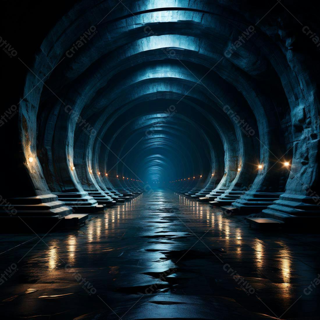 Túnel subterrâneo azul e escuro com iluminação