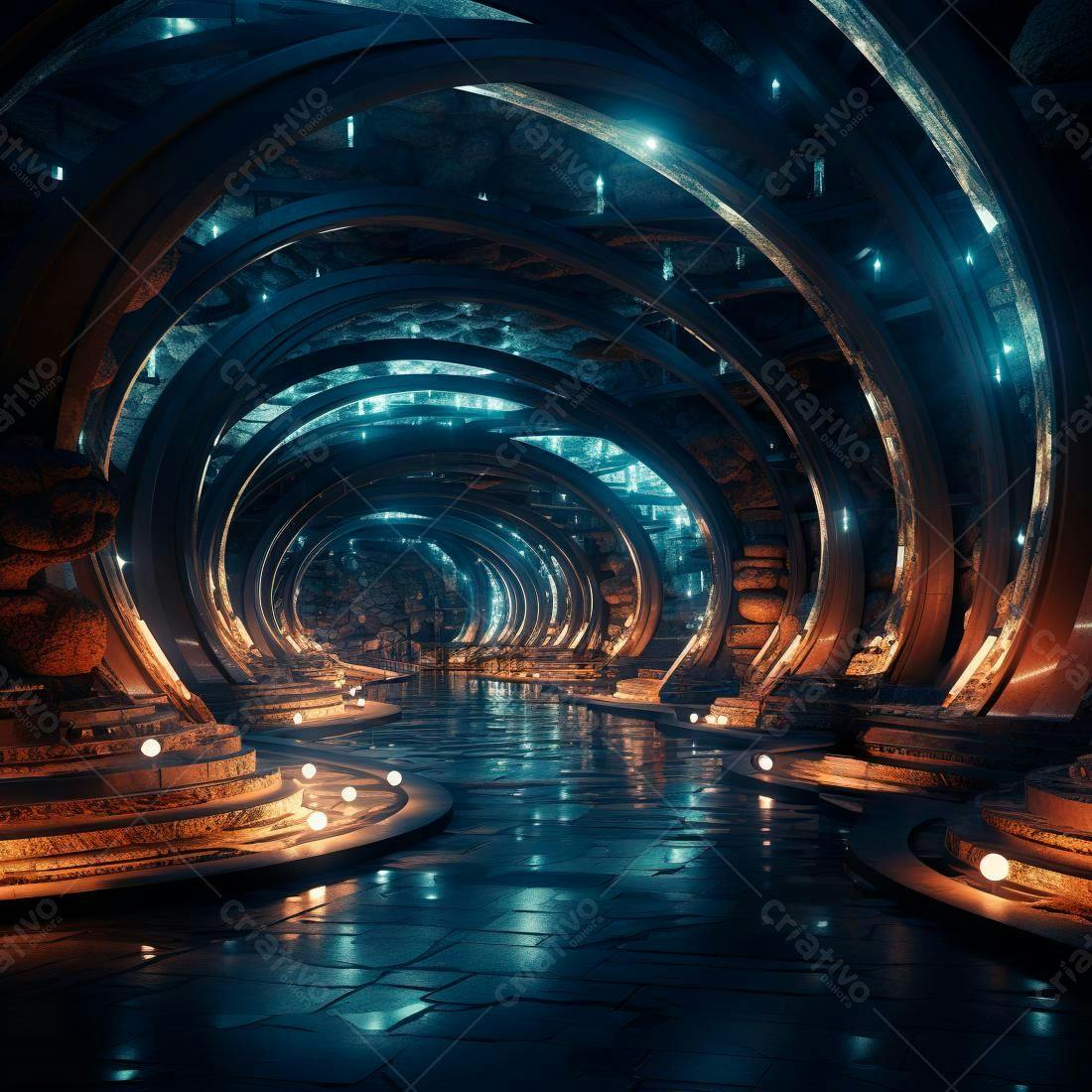 Túnel futurista com iluminação azul e laranja