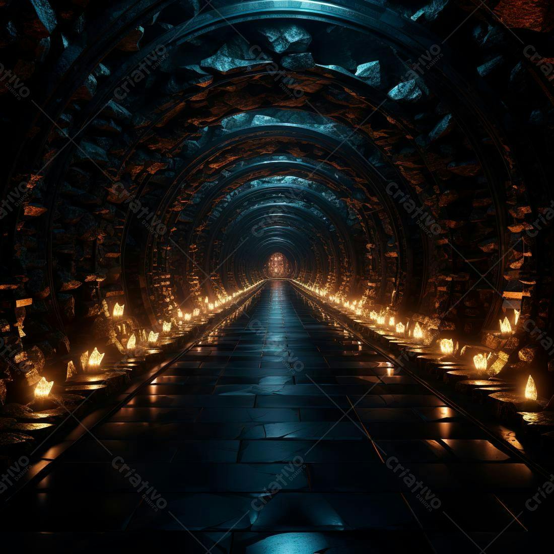 Túnel de pedra com luzes quentes
