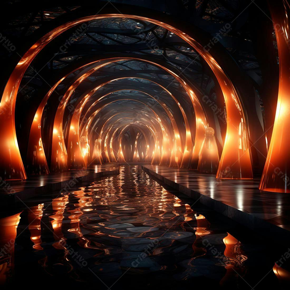 Túnel futurista com água e arcos dourados