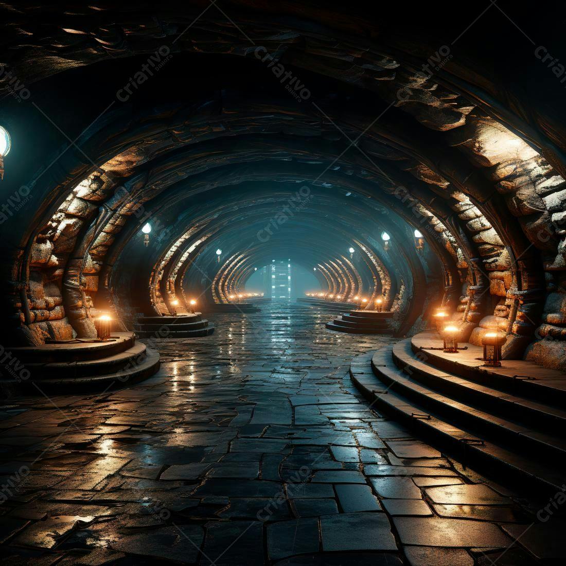 Túnel medieval iluminado com velas