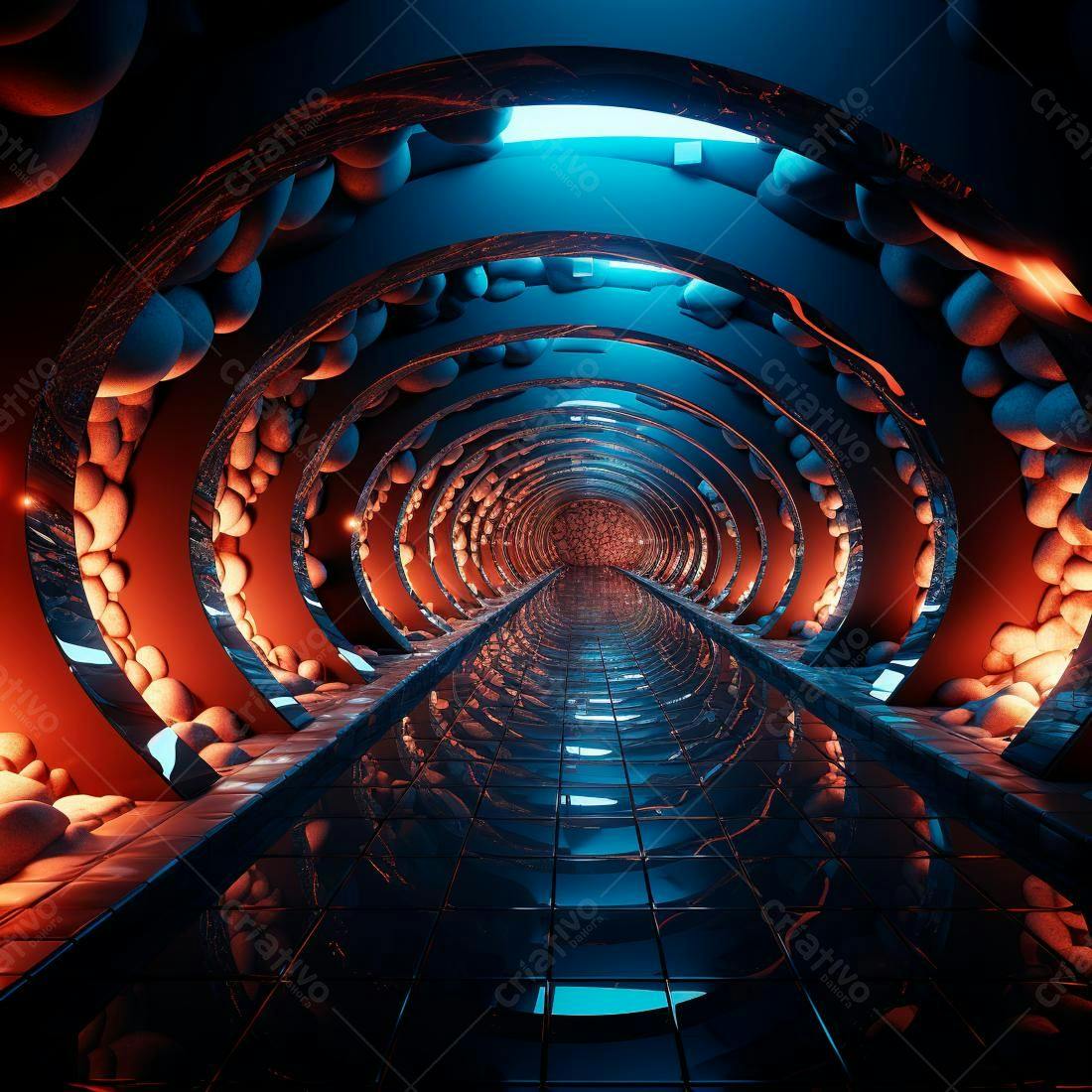 Túnel futurista com pedras laranja e azul
