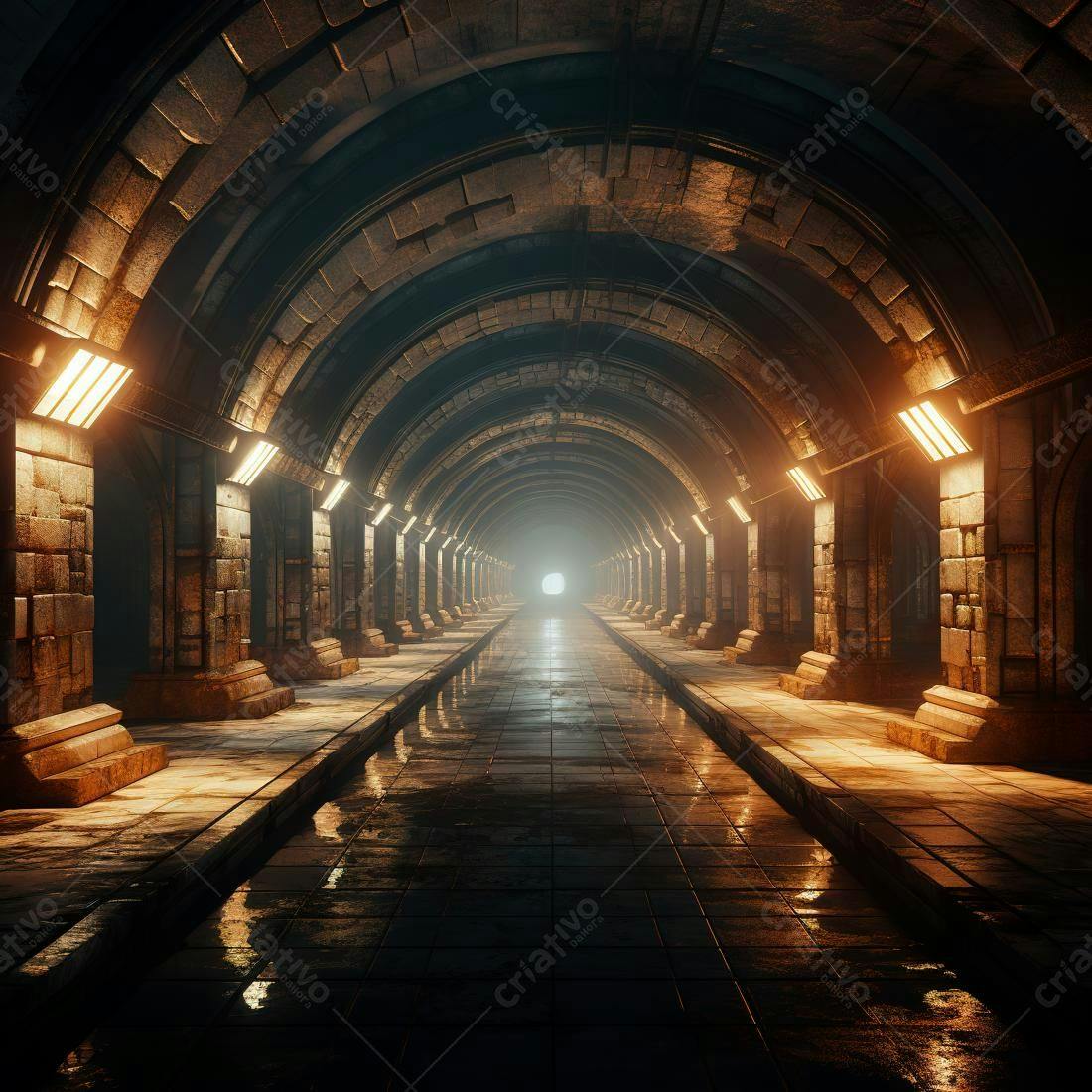 Túnel medieval iluminado com luz dourada