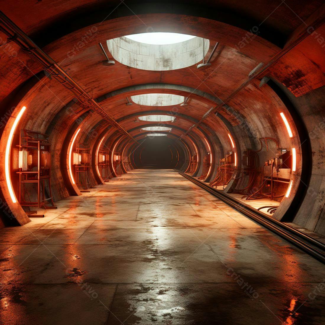 Túnel futurista com iluminação laranja