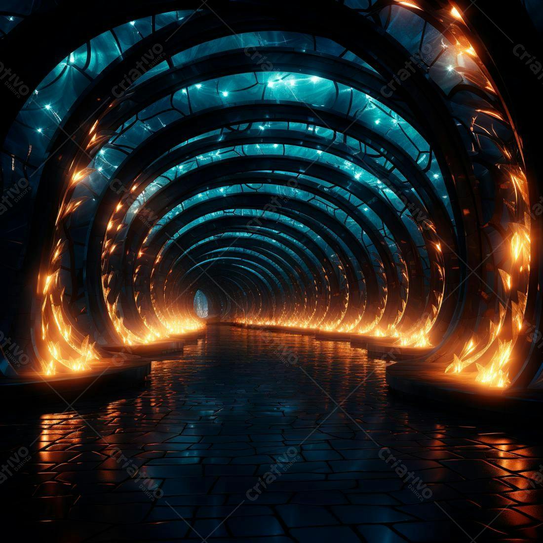Túnel futurista azul e laranja com fogo