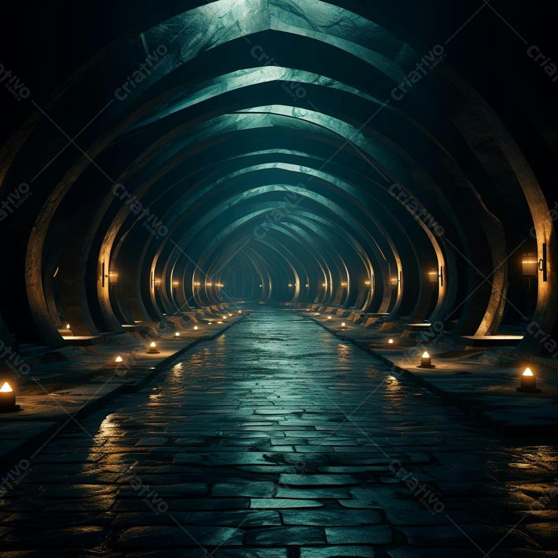 Túnel misterioso com iluminação azul-esverdeada