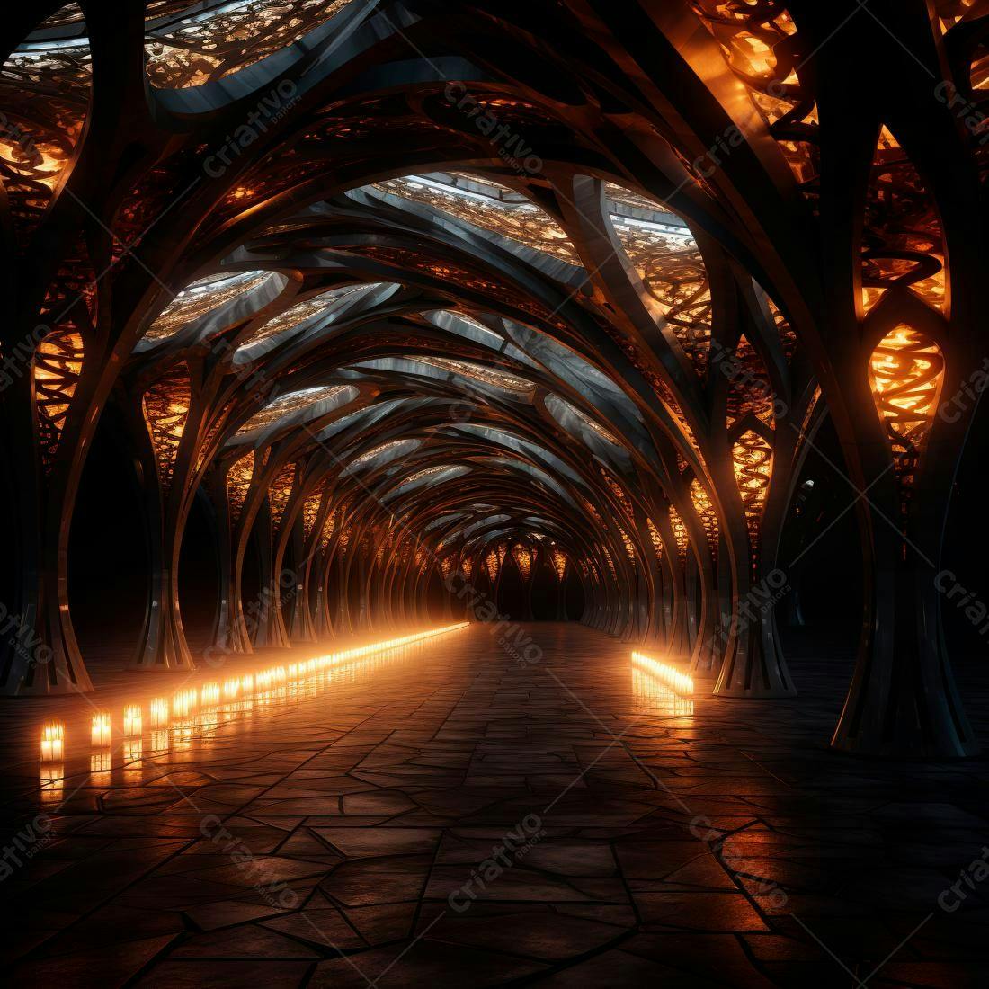 Túnel futurista com iluminação laranja e arquitetura metálica