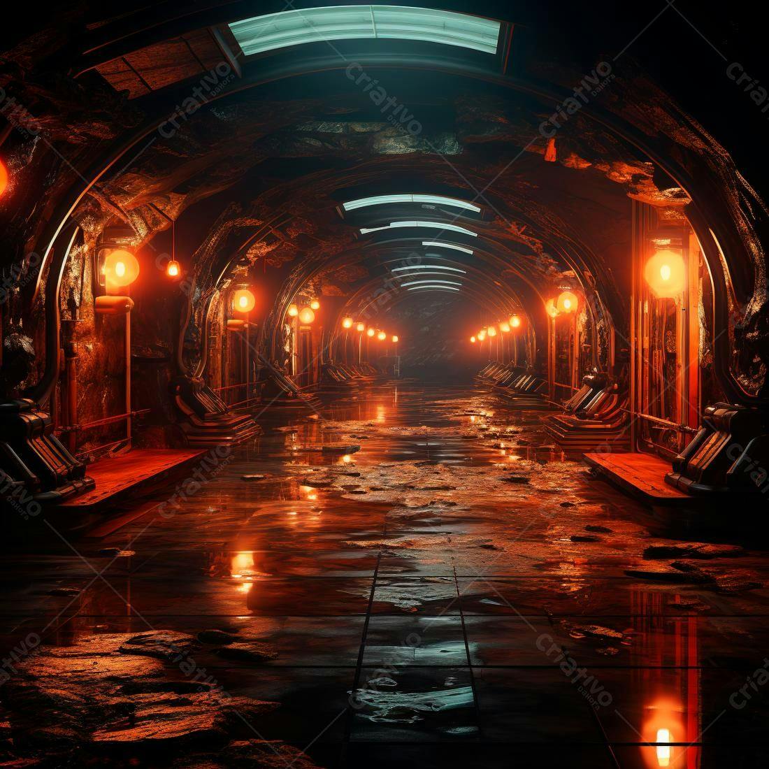 Túnel futurista inundado com luzes laranja
