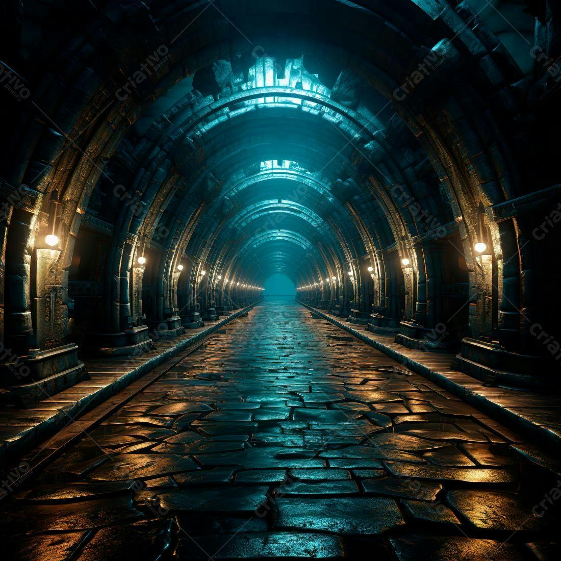 Túnel medieval iluminado com luzes azuis e amarelas