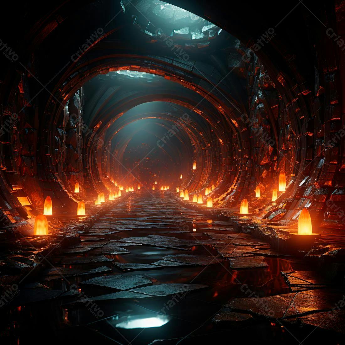 Túnel de pedra com luzes laranja e azul