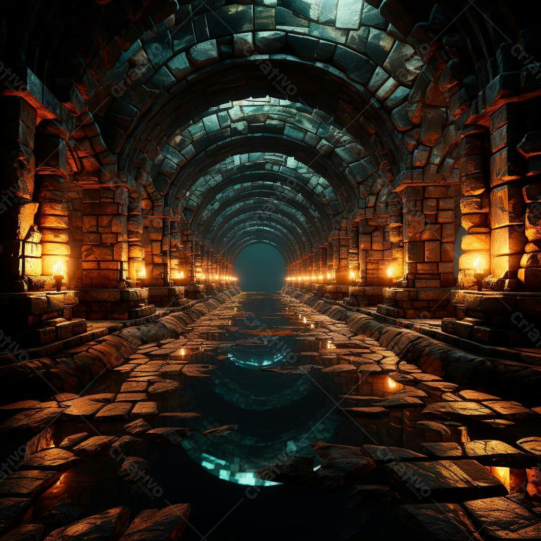 Túnel de pedra medieval com velas