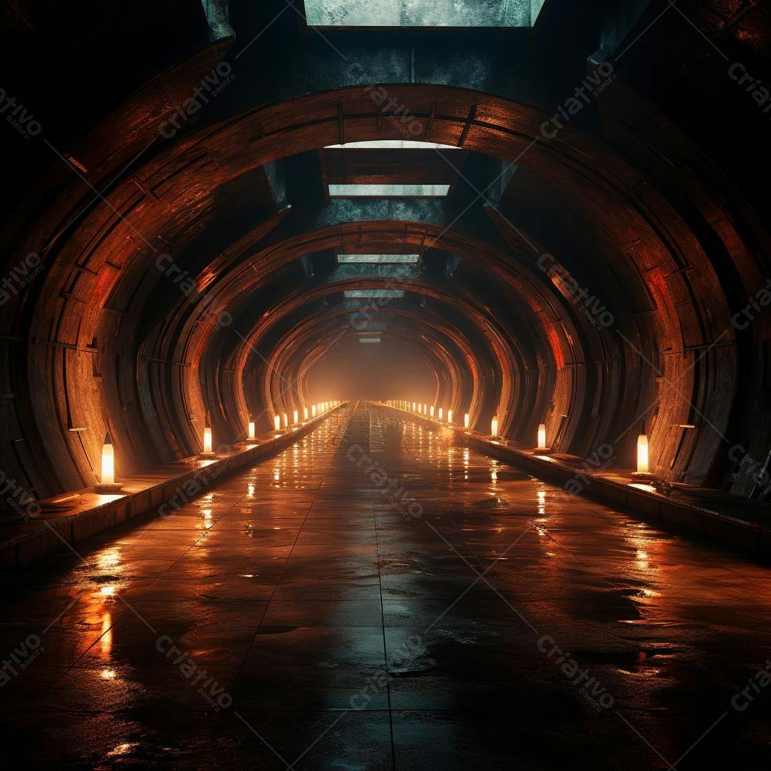 Túnel futurista iluminado com luzes alaranjadas