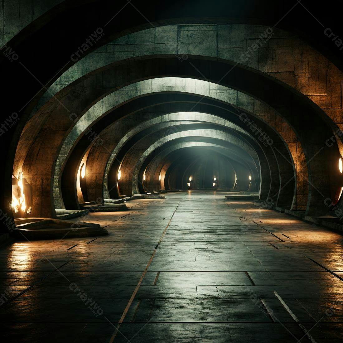 Corredor futurista com arcos de concreto