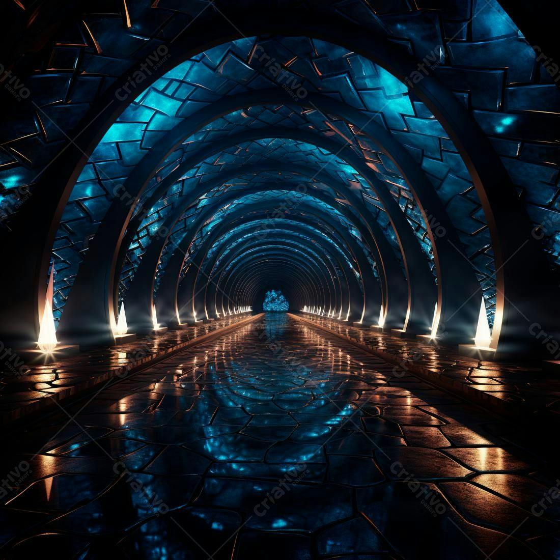 Túnel futurista azul e dourado