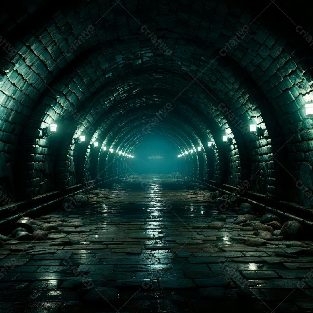 Túnel de pedra escuro e úmido com iluminação verde