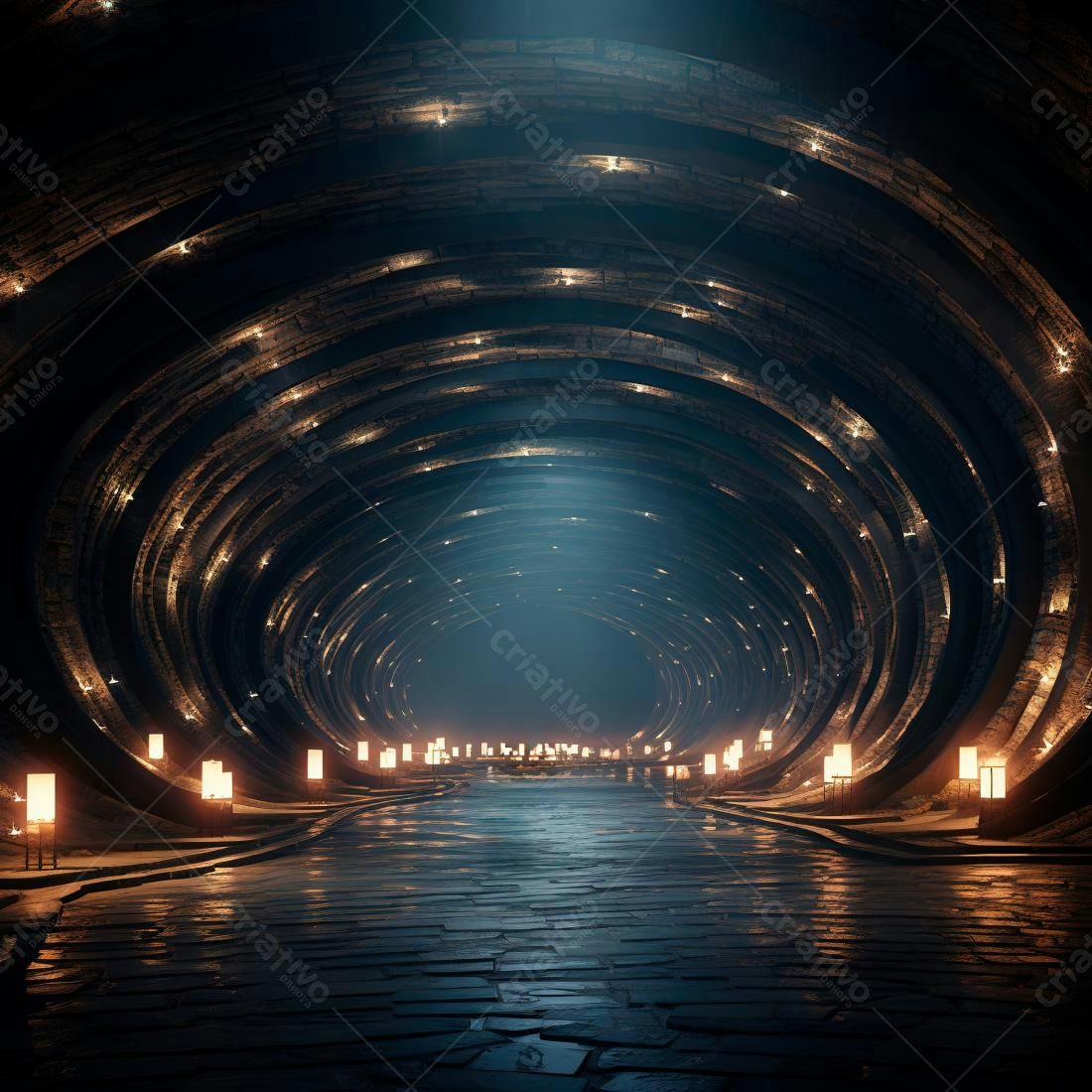 Túnel circular iluminado com luzes quentes