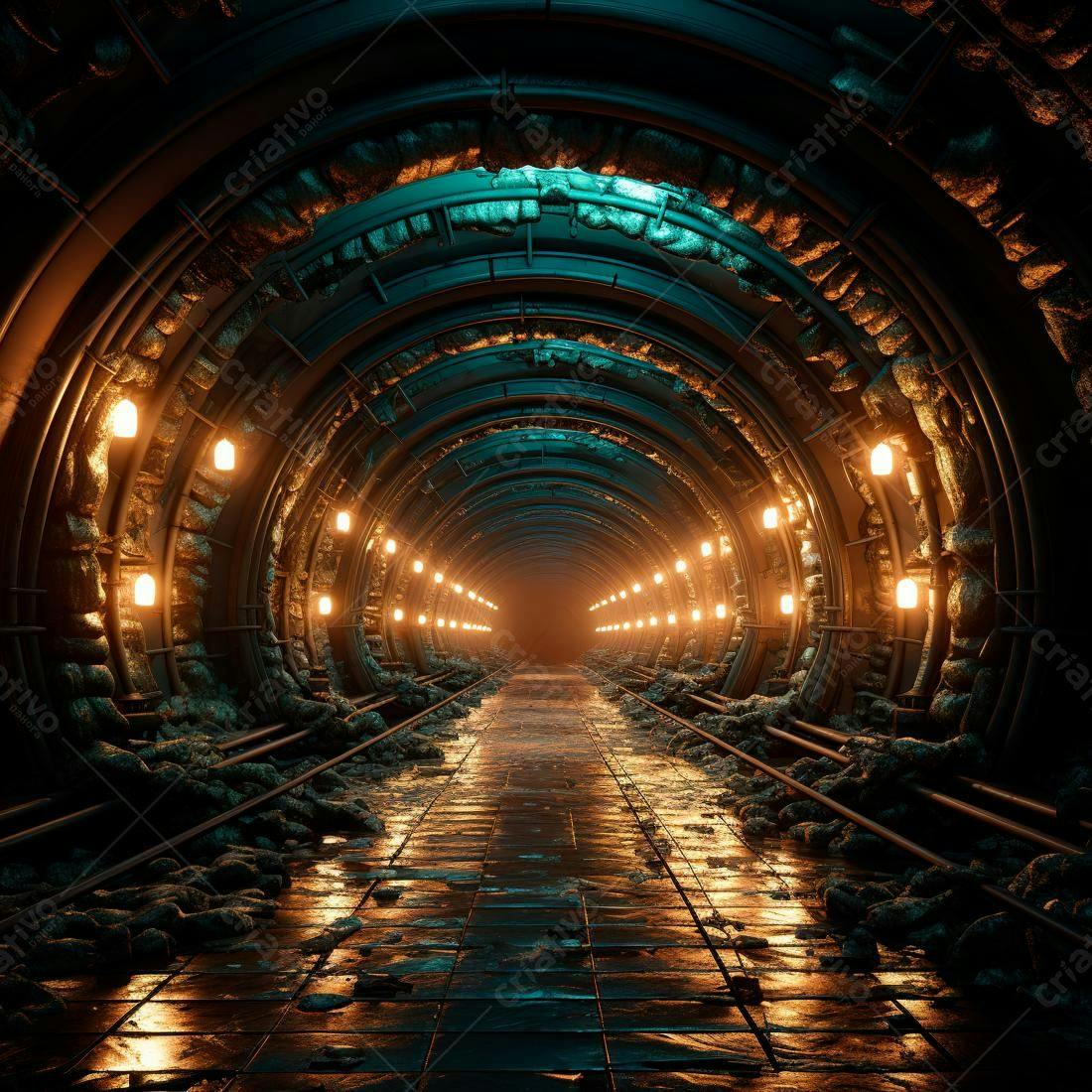 Túnel subterrâneo iluminado com luzes amarelas