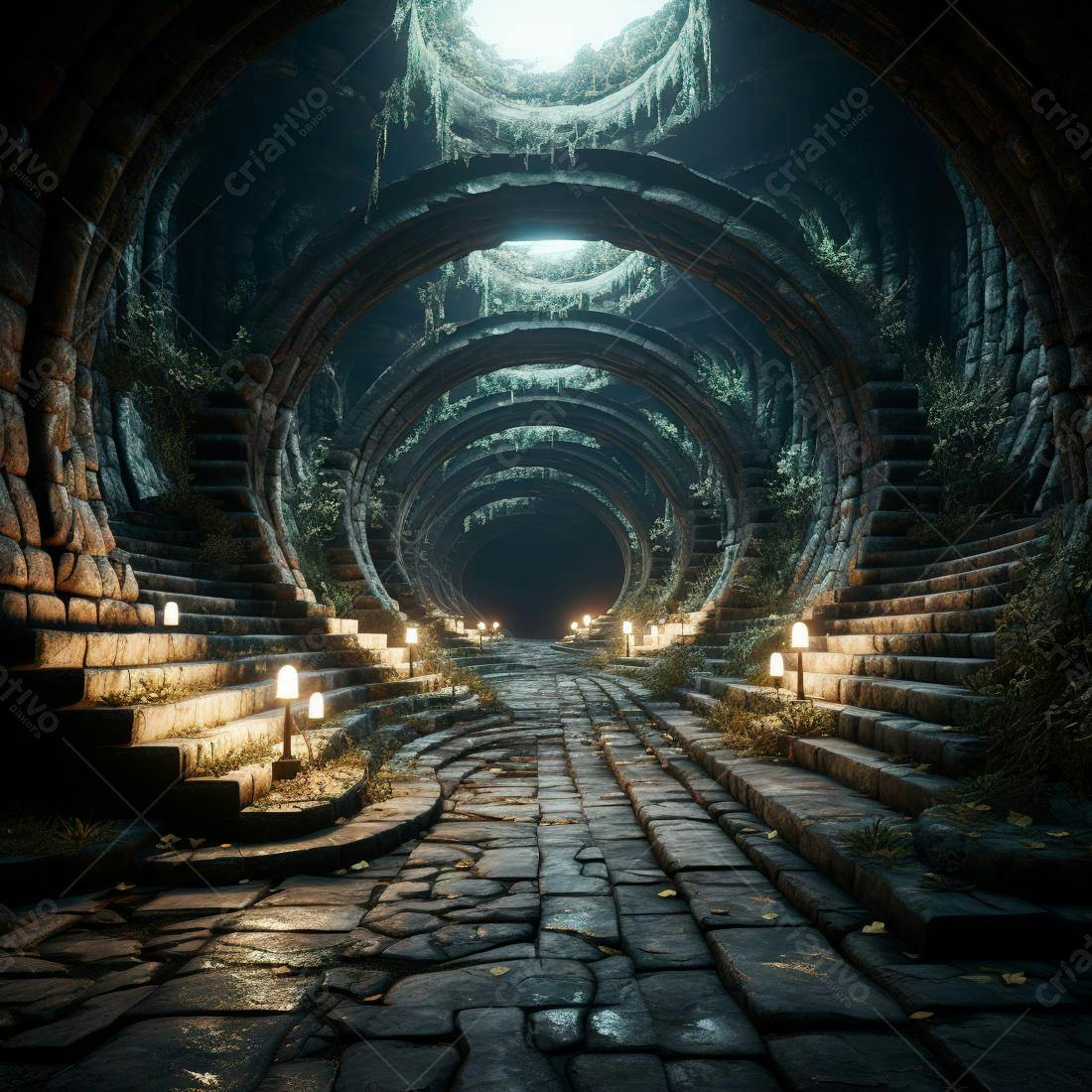 Túnel de pedra antigo iluminado com luzes suaves