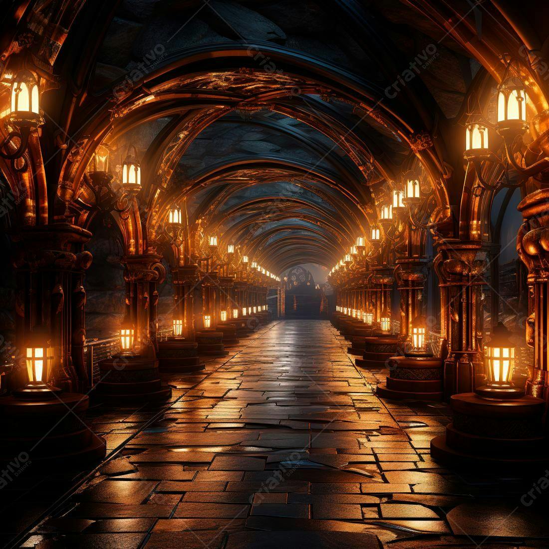 Passagem subterrânea iluminada com arquitetura steampunk