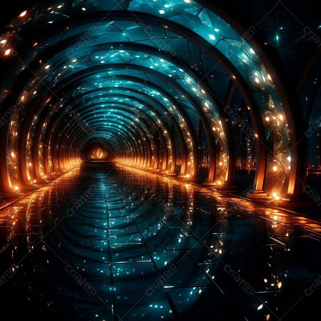 Túnel futurista com iluminação azul e laranja