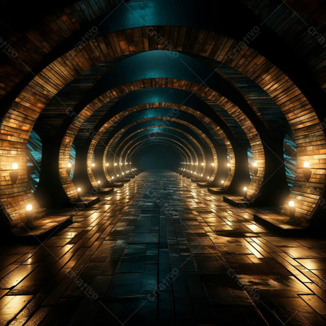 Túnel futurista com iluminação dourada e arcos de madeira