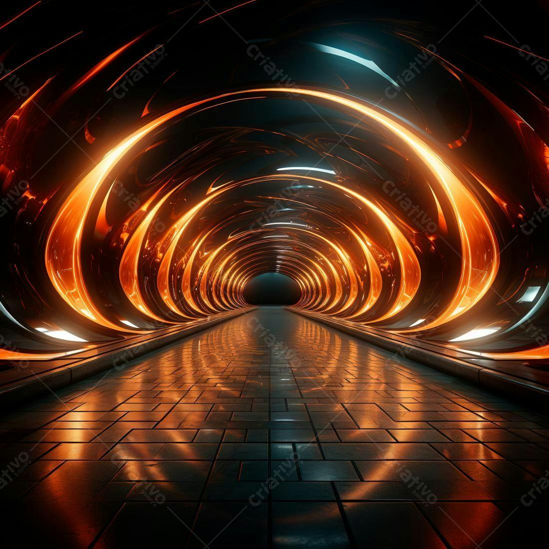 Túnel futurista com iluminação laranja e azul