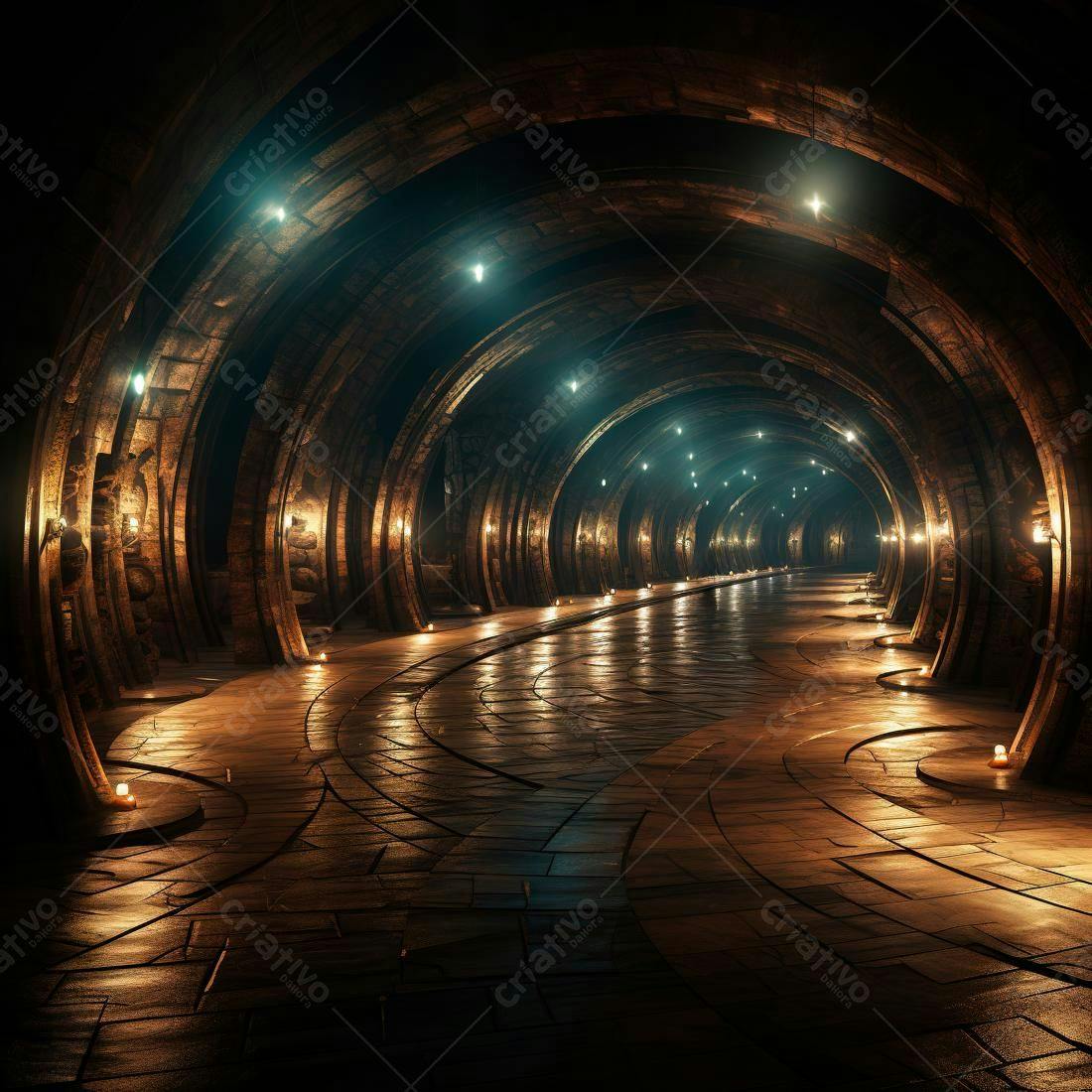 Túnel de pedra iluminado com velas