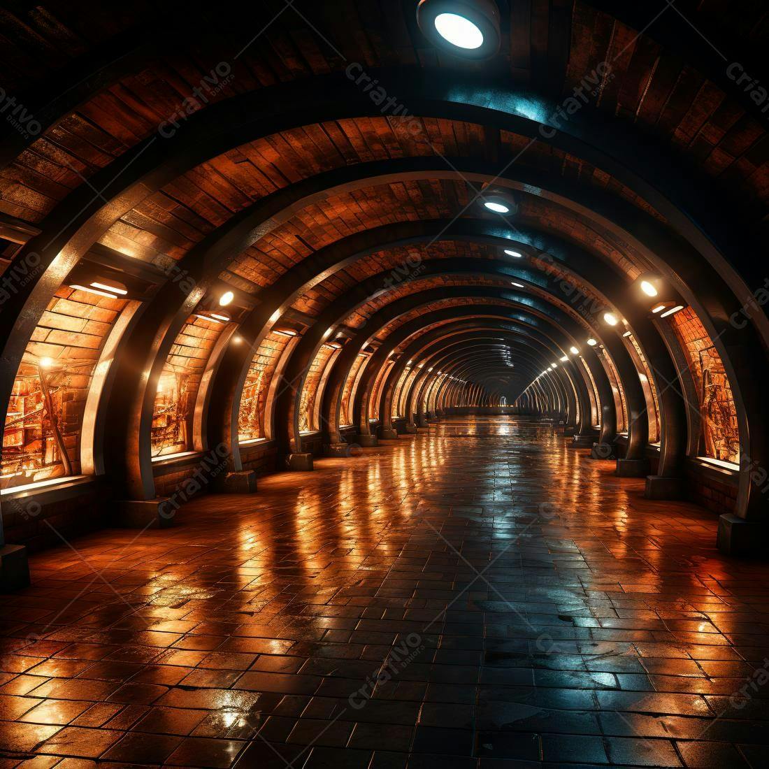 Túnel futurista com iluminação alaranjada