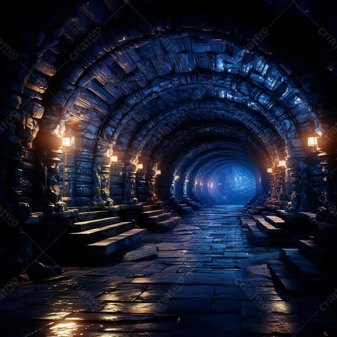 Túnel de pedra medieval iluminado à noite