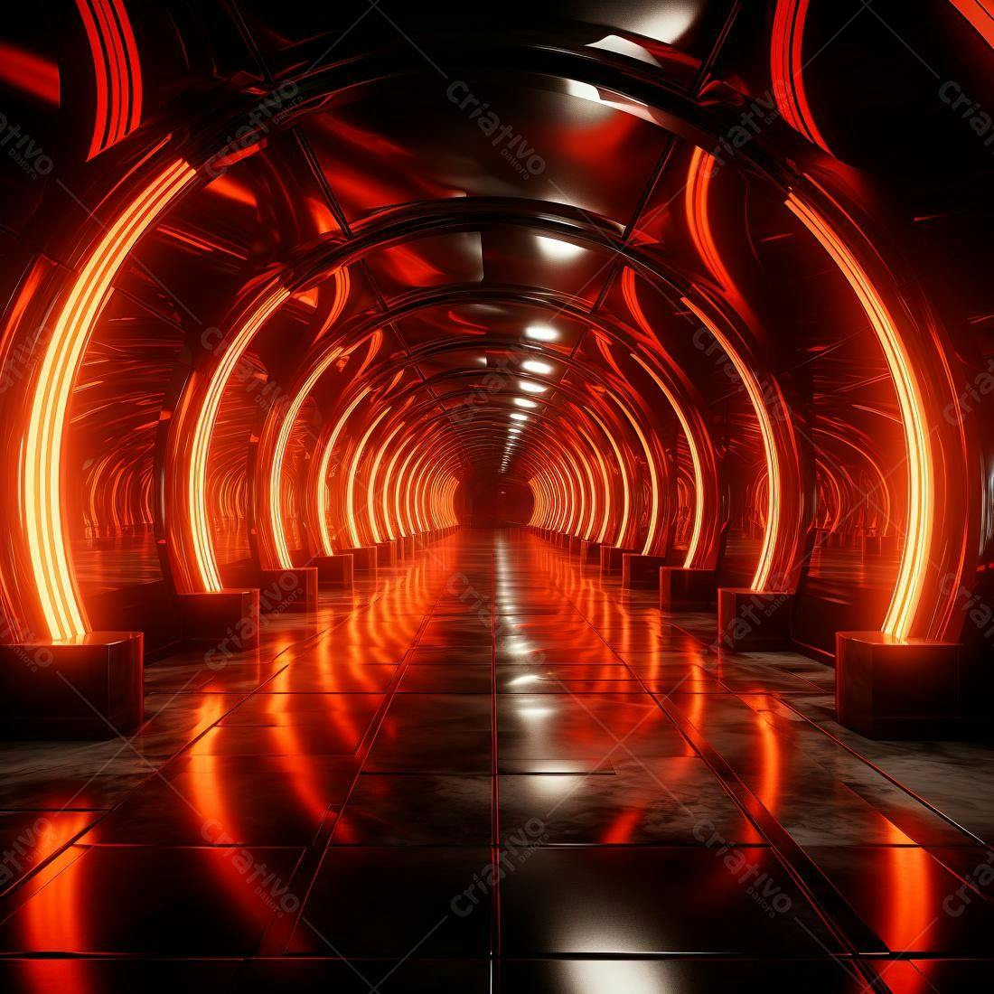 Túnel futurista com iluminação vermelha intensa