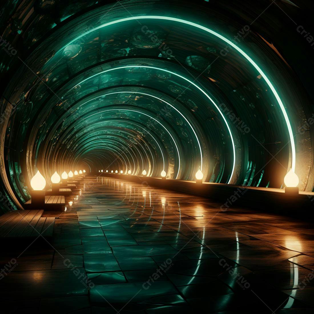 Túnel futurista com iluminação teal e âmbar
