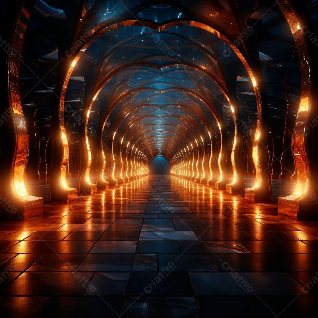 Corredor futurista com iluminação laranja e azul