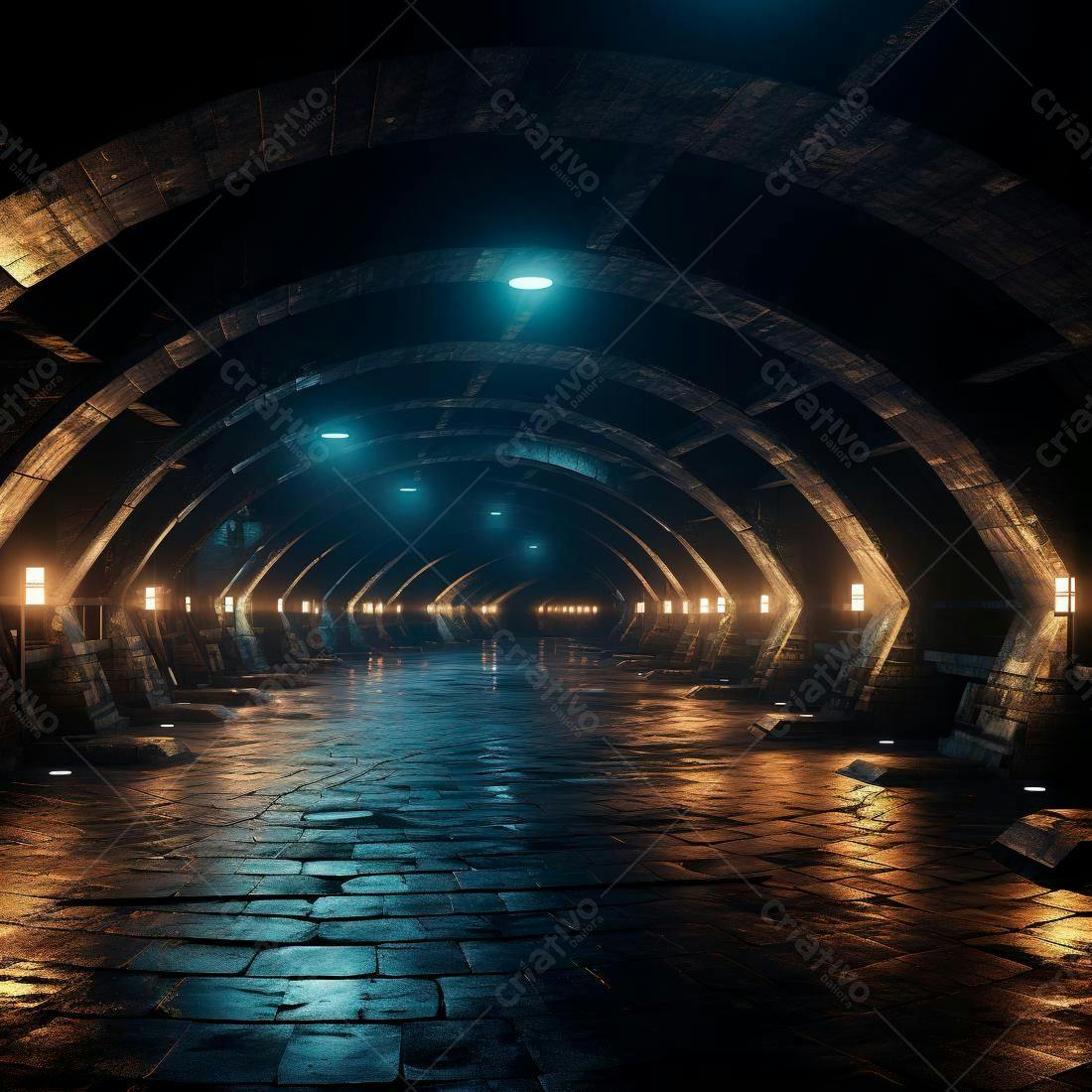 Túnel futurista com iluminação azul e âmbar