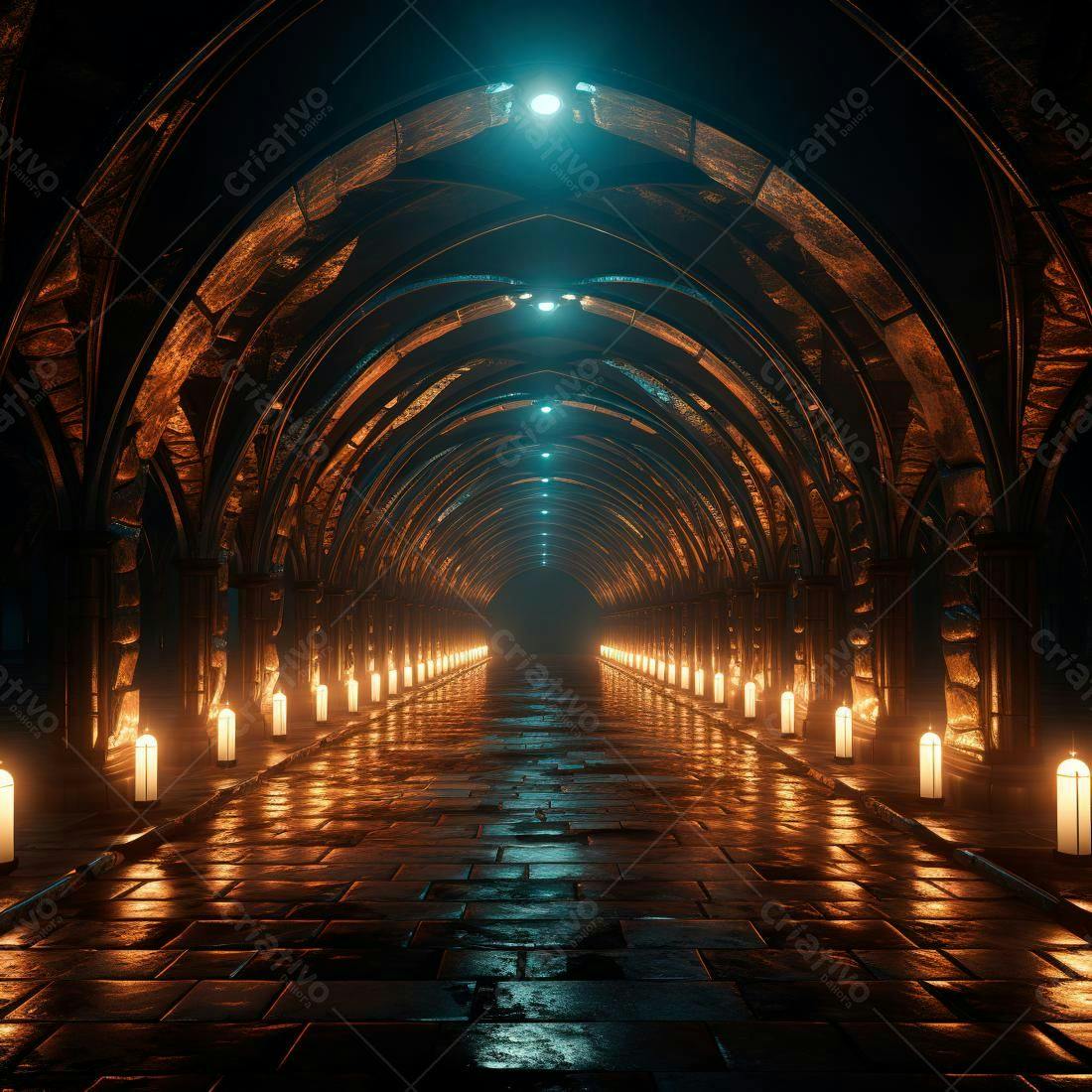 Corredor gótico iluminado por velas e luzes azuis