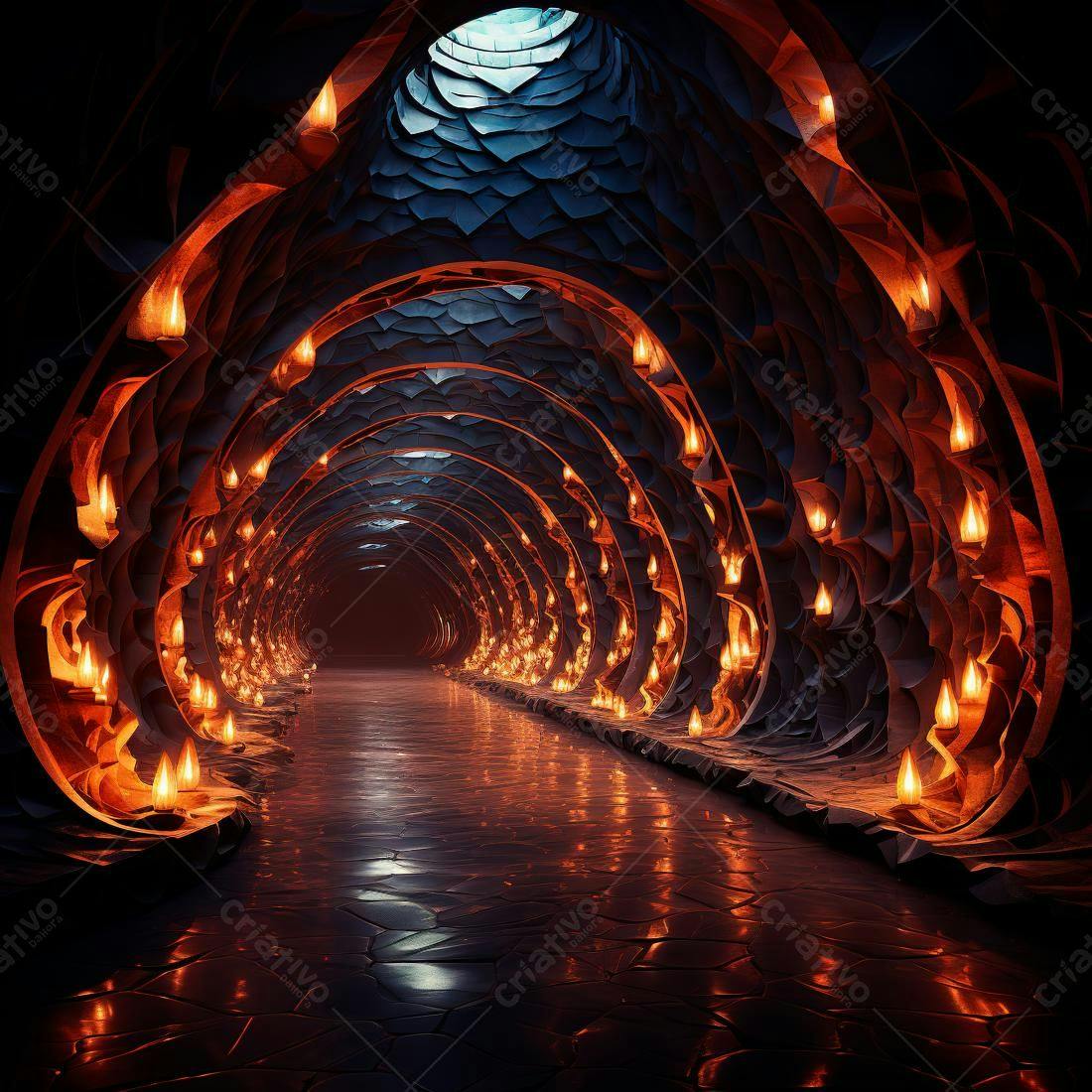 Túnel de pedra com velas laranja