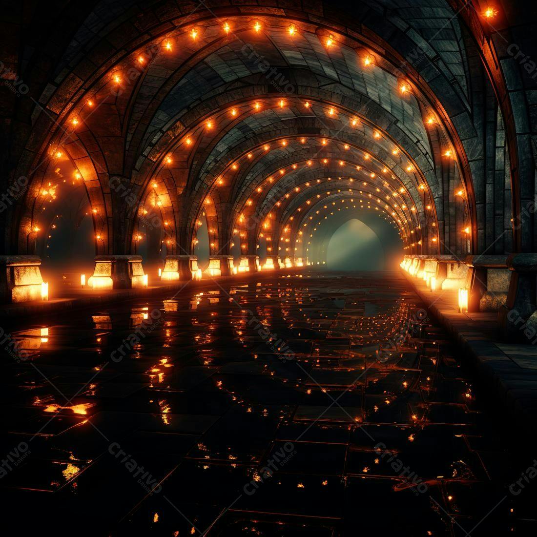 Galeria subterrânea iluminada por velas e luzes
