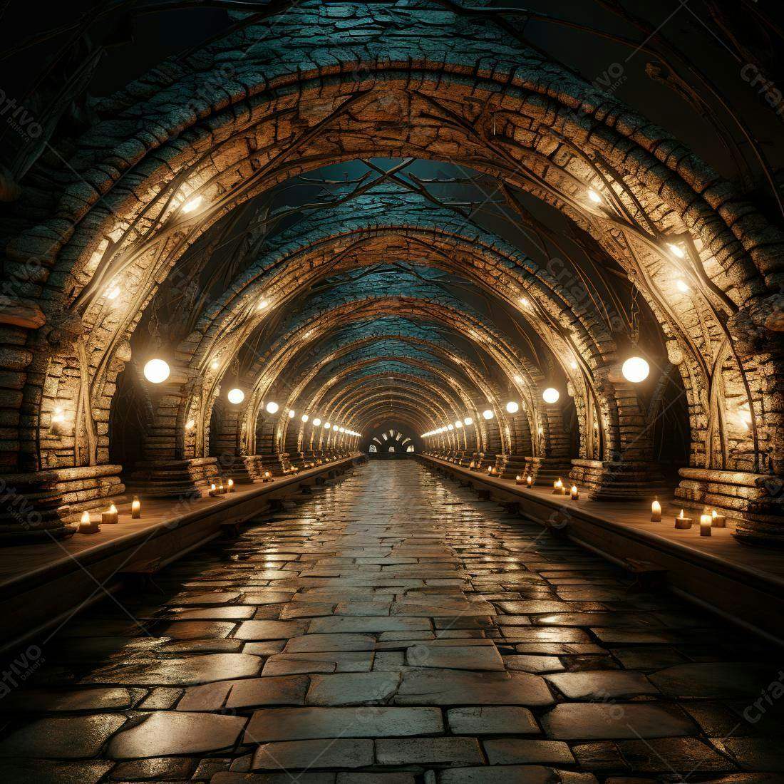 Túnel Gótico Medieval com Velas e Luzes