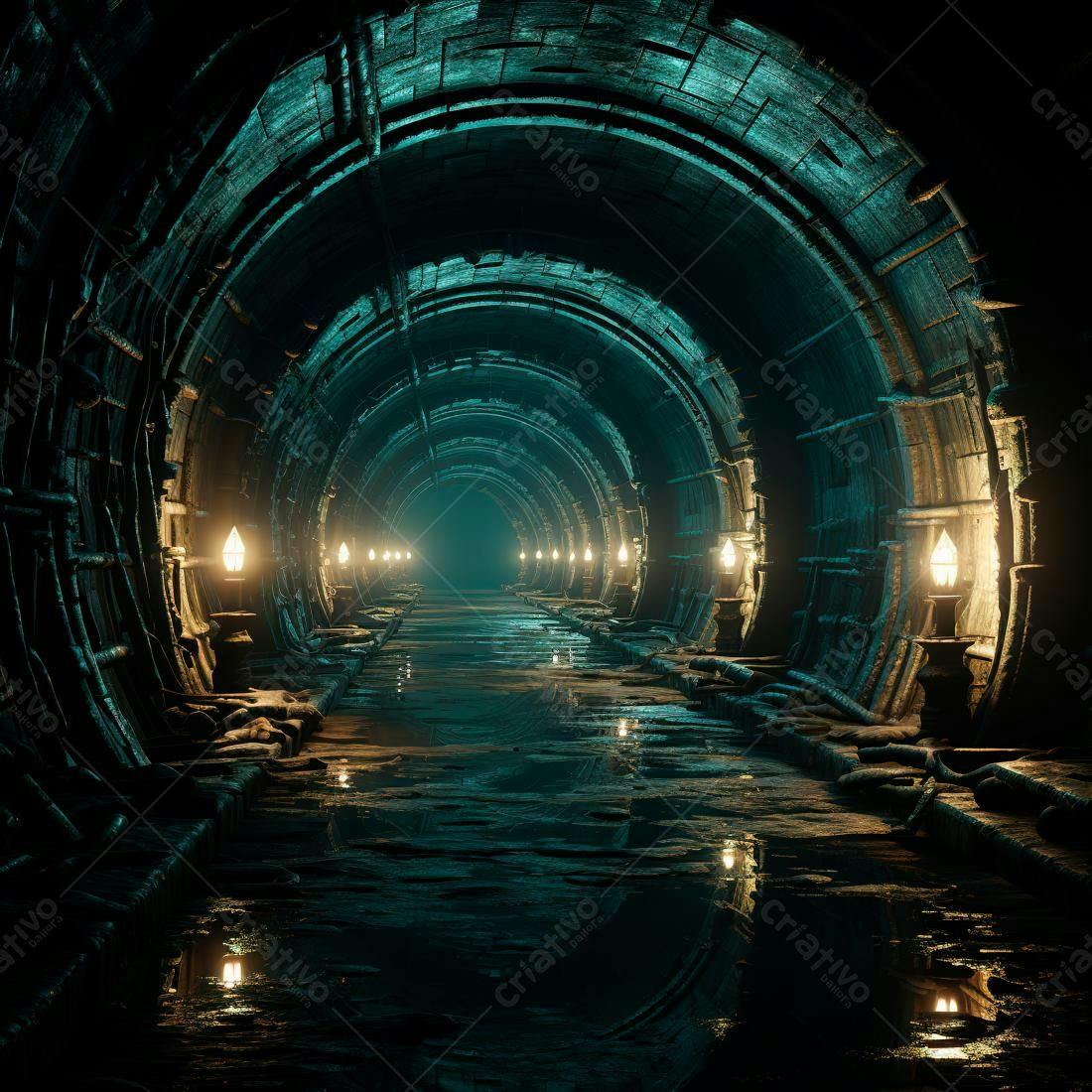 Túnel misterioso com iluminação amarela