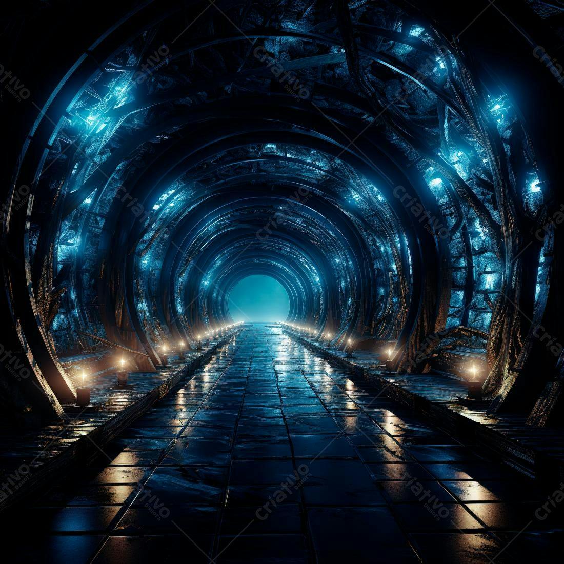 Túnel futurista azul com iluminação mágica