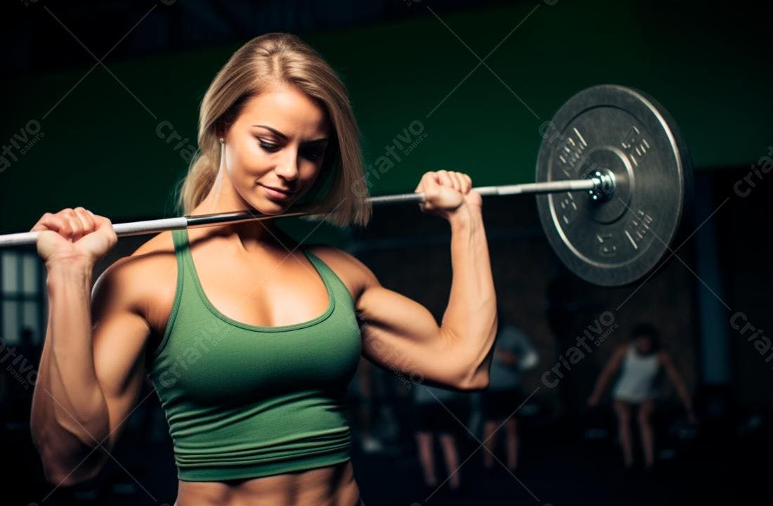 Mulher musculosa levantando barra academia