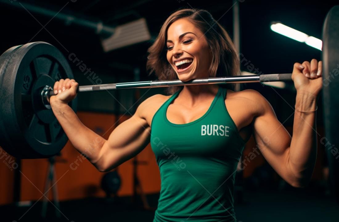 Mulher forte sorrindo com barra academia